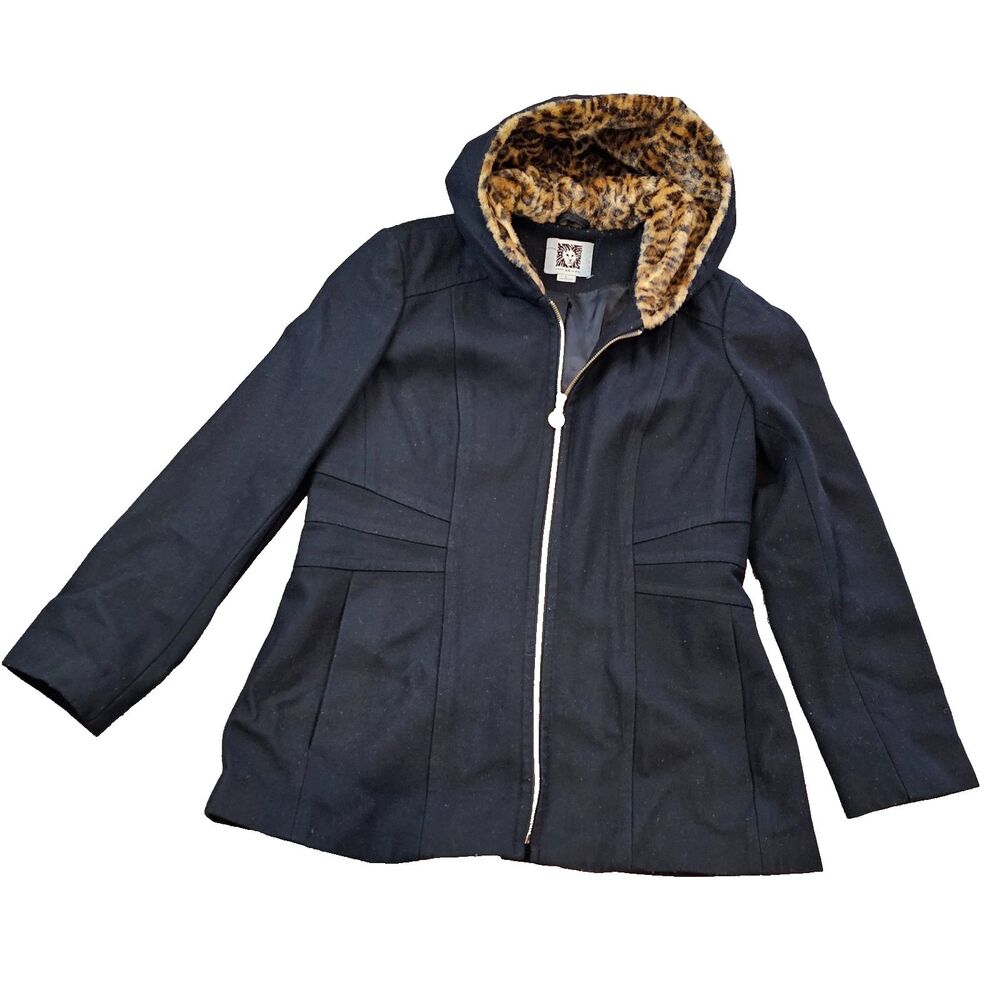 ANNE KLEIN wool blend coat L leopard faux fur hood black zip jacket short coat